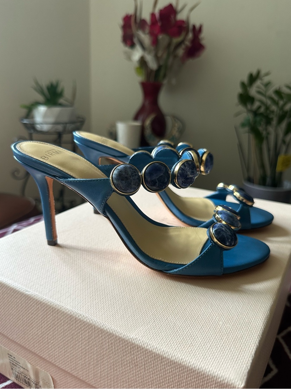 Alexandre Birman Denim Blue Rosie 85 Embellished Leather Mules